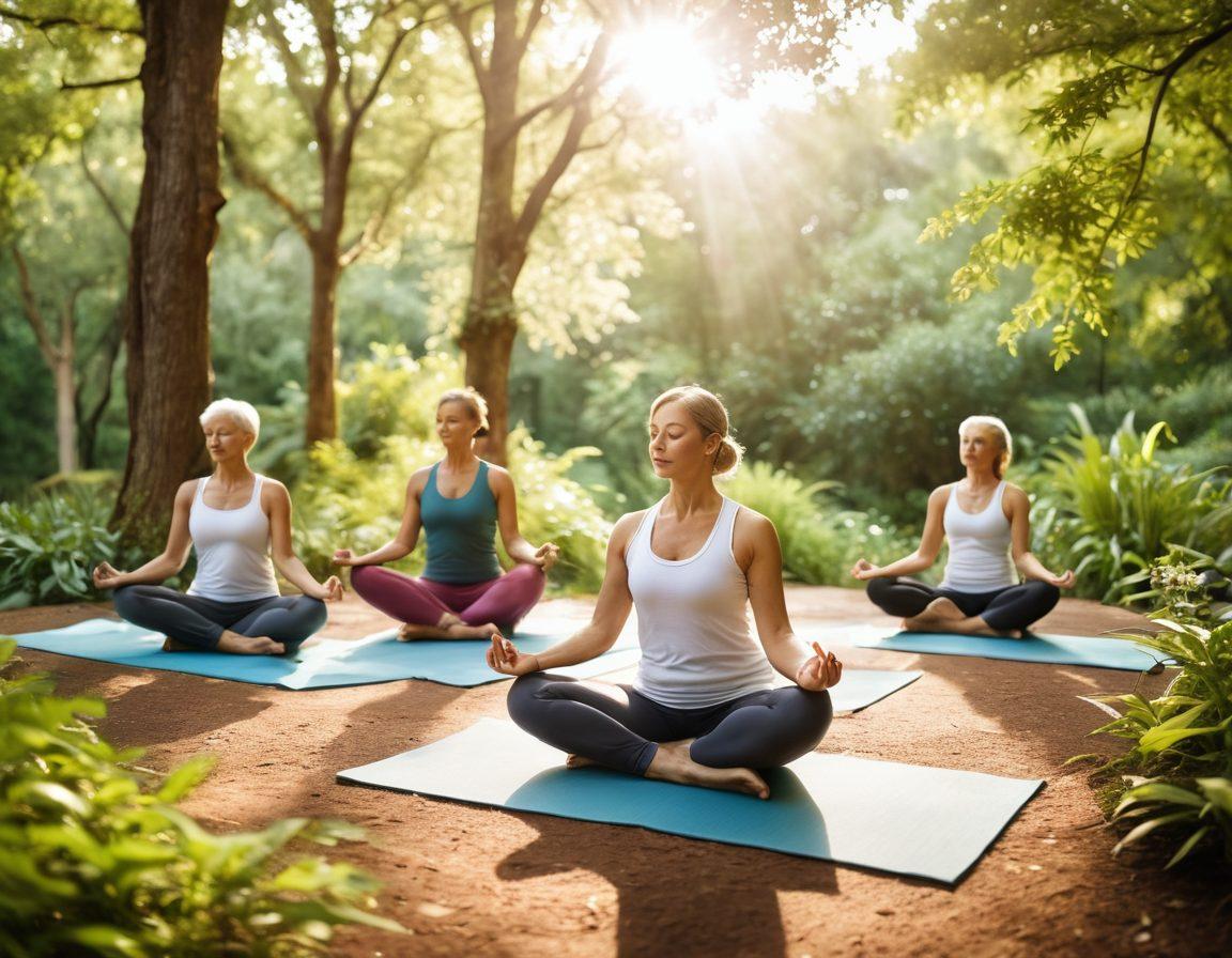 A serene landscape featuring a diverse group of cancer survivors practicing yoga outdoors, surrounded by lush greenery and gentle sunlight filtering through the trees. In the foreground, there are symbolic elements of wellness such as herbal tea, a journal, and inspirational quotes. The scene conveys a sense of hope and community, emphasizing the holistic approach to healing. soft focus. vibrant colors. natural lighting.