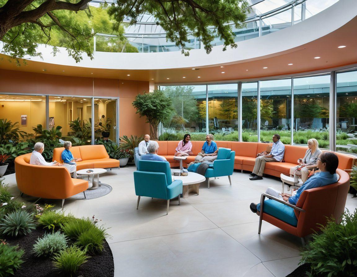 A panoramic view of a modern oncology treatment center, featuring diverse and compassionate healthcare professionals engaging with patients. Include imagery of patients discussing treatment options with doctors, vibrant diagnostic tools illustrating clinical trials, and a serene garden area symbolizing hope and healing. The colors should be calming and healthcare-focused, with a touch of innovation. super-realistic. vibrant colors. soft focus.