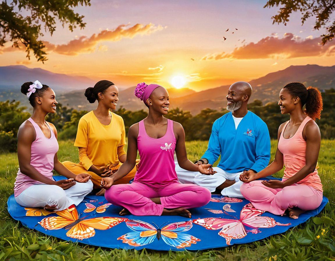 A diverse group of cancer warriors in a supportive circle, sharing stories and laughter. The background features symbolic elements of hope like butterflies, flowers, and a vibrant sunset. Display medical research icons intertwined with wellness symbols like yoga mats and healthy food. The atmosphere is warm and uplifting, emphasizing unity and resilience. super-realistic. vibrant colors. uplifting theme.